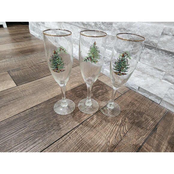 Set of 3 Spode Christmas Tree Champagne Flutes with Gold Rim 8" T - 5.75 oz - Picture 1 of 6